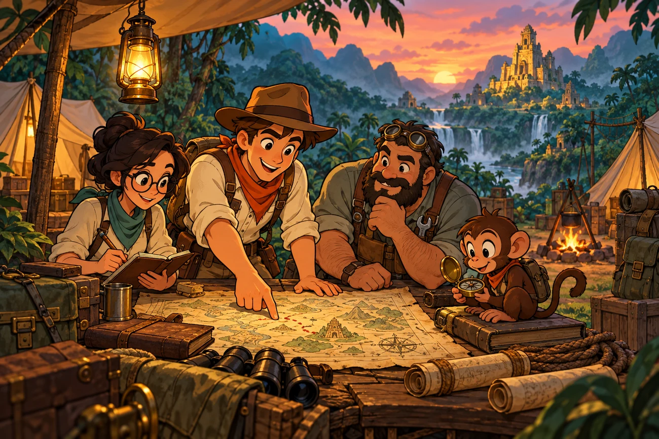 A cartoon expedition crew planning its next adventure around a map at basecamp