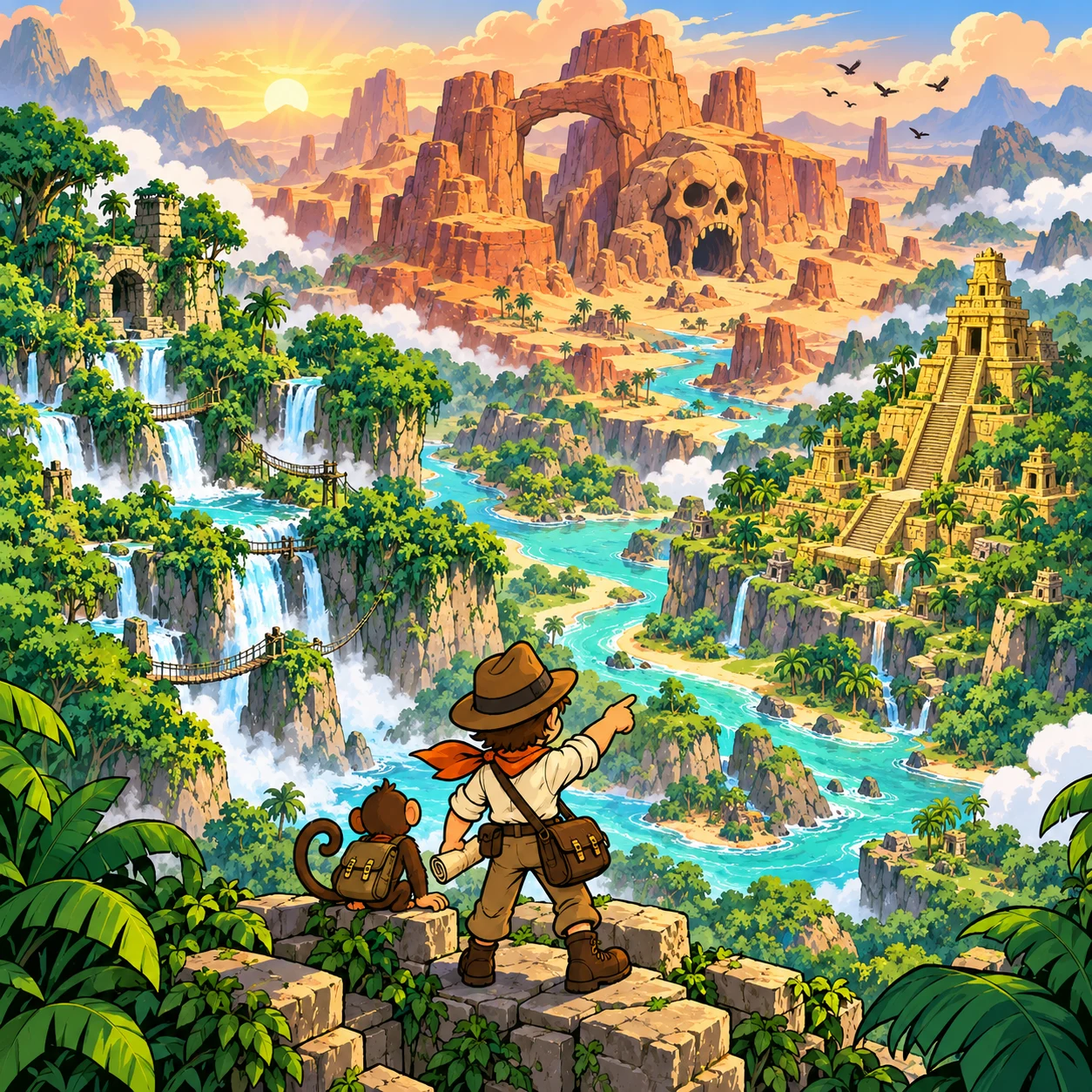 An explorer and monkey overlooking three cartoon destinations: a waterfall jungle, Skull Canyon and a golden temple