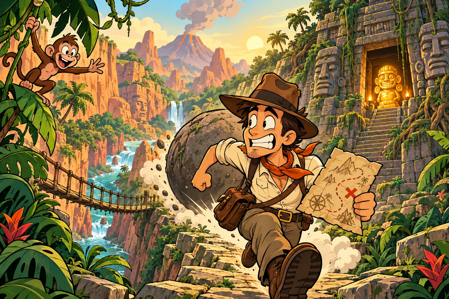 Cartoon explorer discovering a lost jungle temple